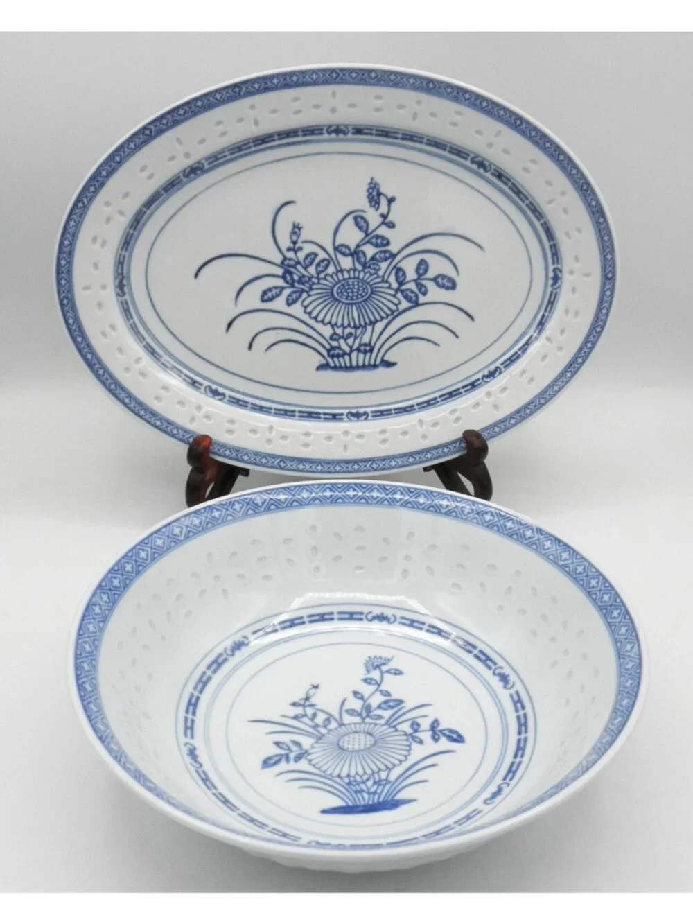Jingdezhen China Rice Eye Grain Chrysanthemum Serving Platter and Serving Bowl